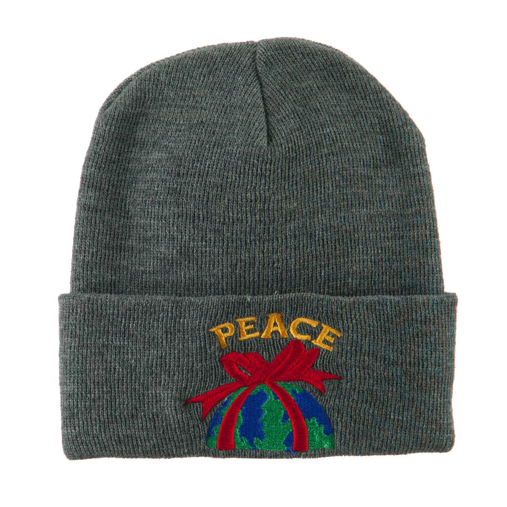 Christmas World Peace Embroidered Beanie - Grey OSFM
