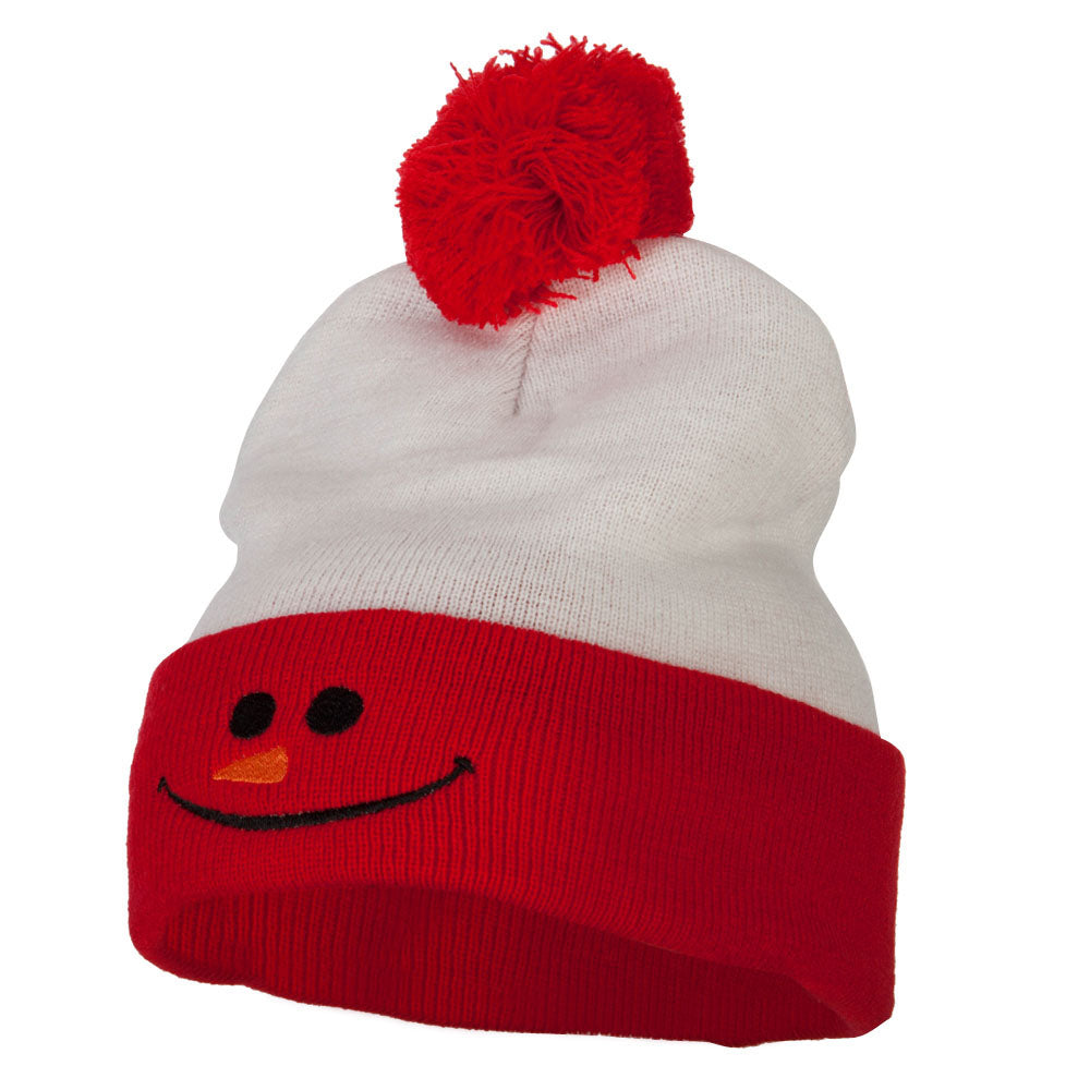 Christmas Snowman Smile Embroidered Cuff Long Beanie - Red White OSFM