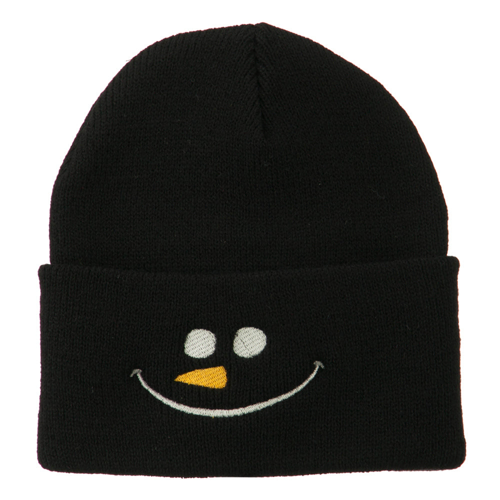 Christmas Snowman Smile Embroidered Beanie - Black OSFM