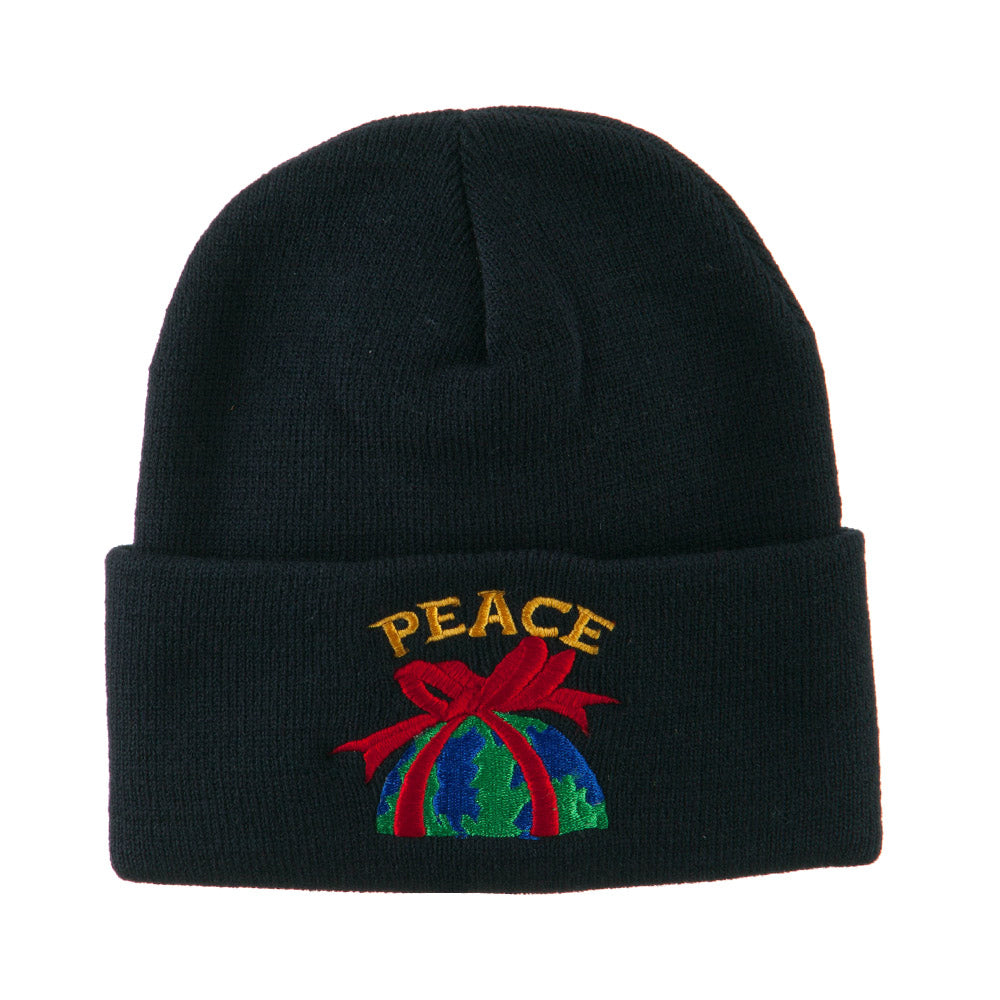 Christmas World Peace Embroidered Beanie - Navy OSFM