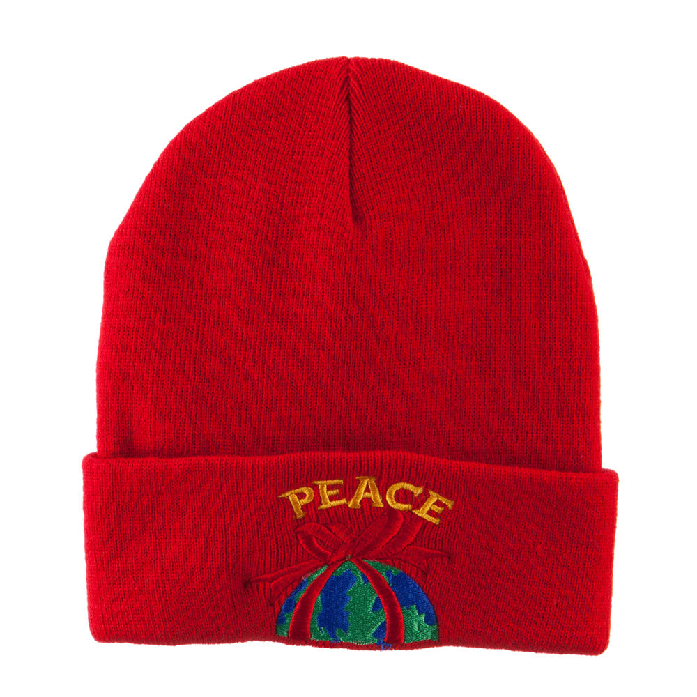 Christmas World Peace Embroidered Beanie - Red OSFM