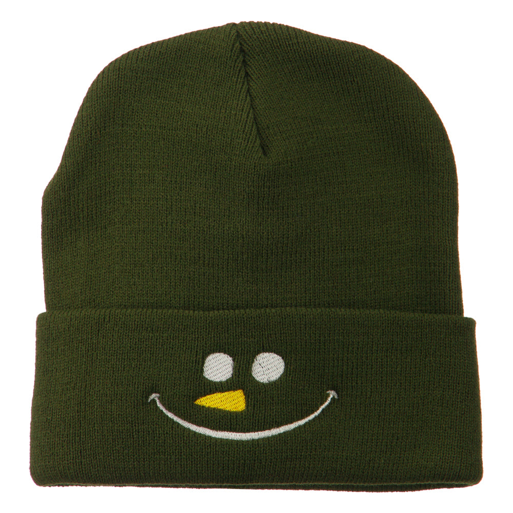 Christmas Snowman Smile Embroidered Beanie - Olive OSFM