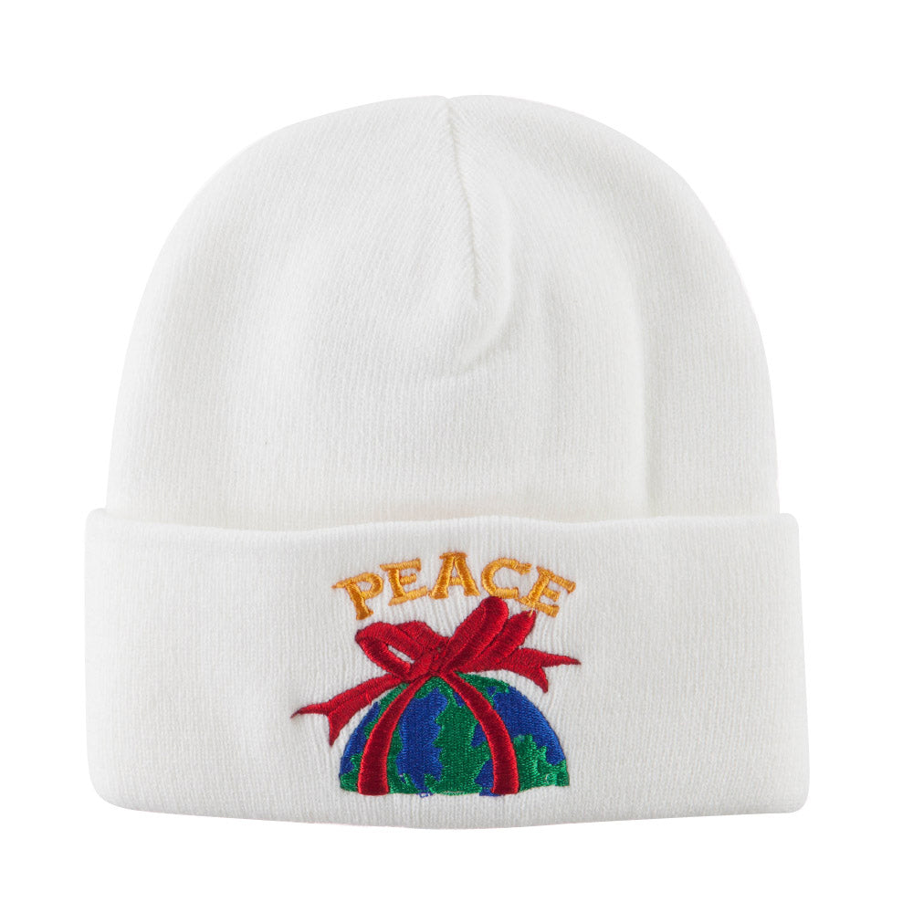 Christmas World Peace Embroidered Beanie - White OSFM