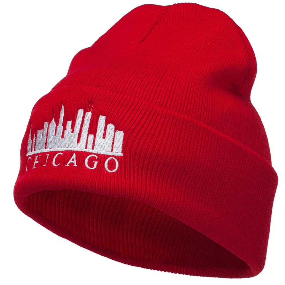 Chicago Skyline Embroidered Long Beanie - Red OSFM