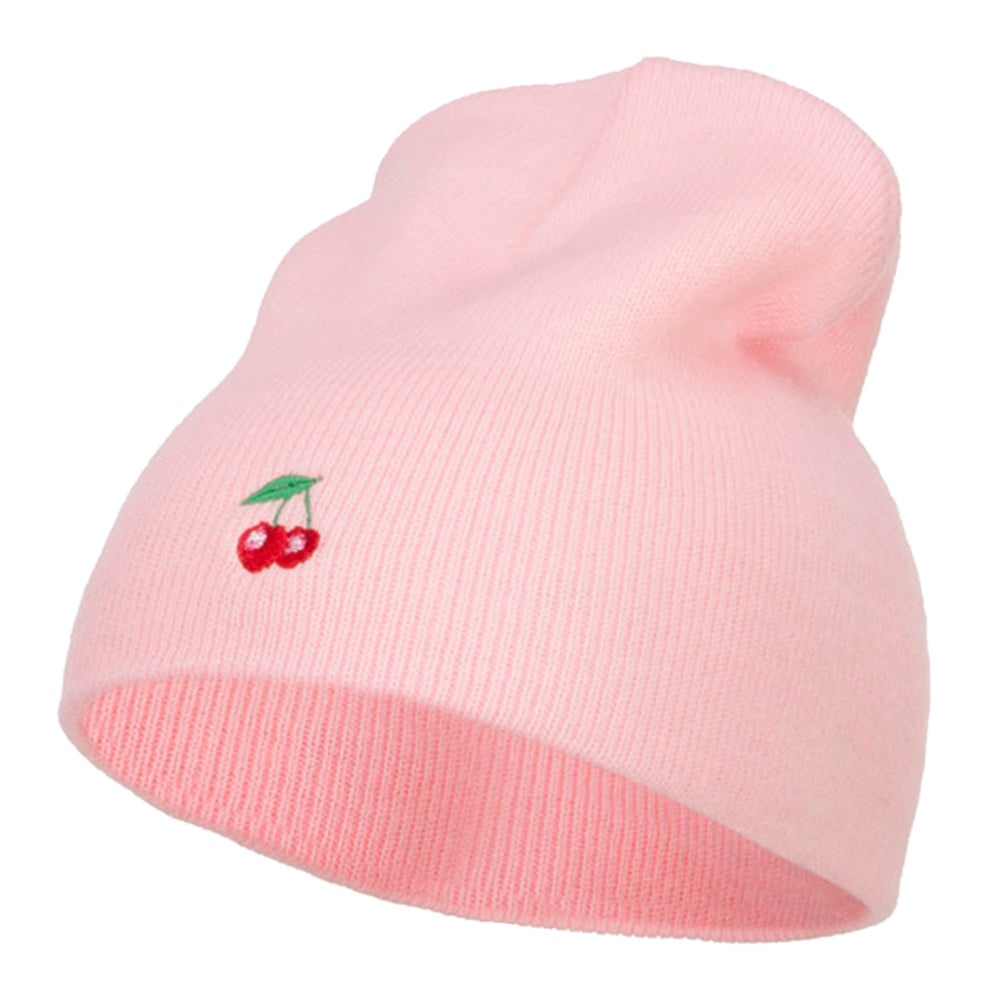Mini Cherry Embroidered Short Beanie - Pink OSFM