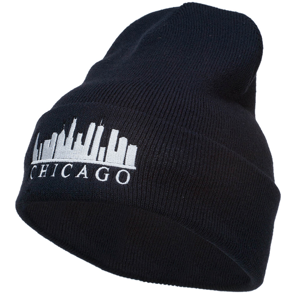 Chicago Skyline Embroidered Long Beanie - Navy OSFM