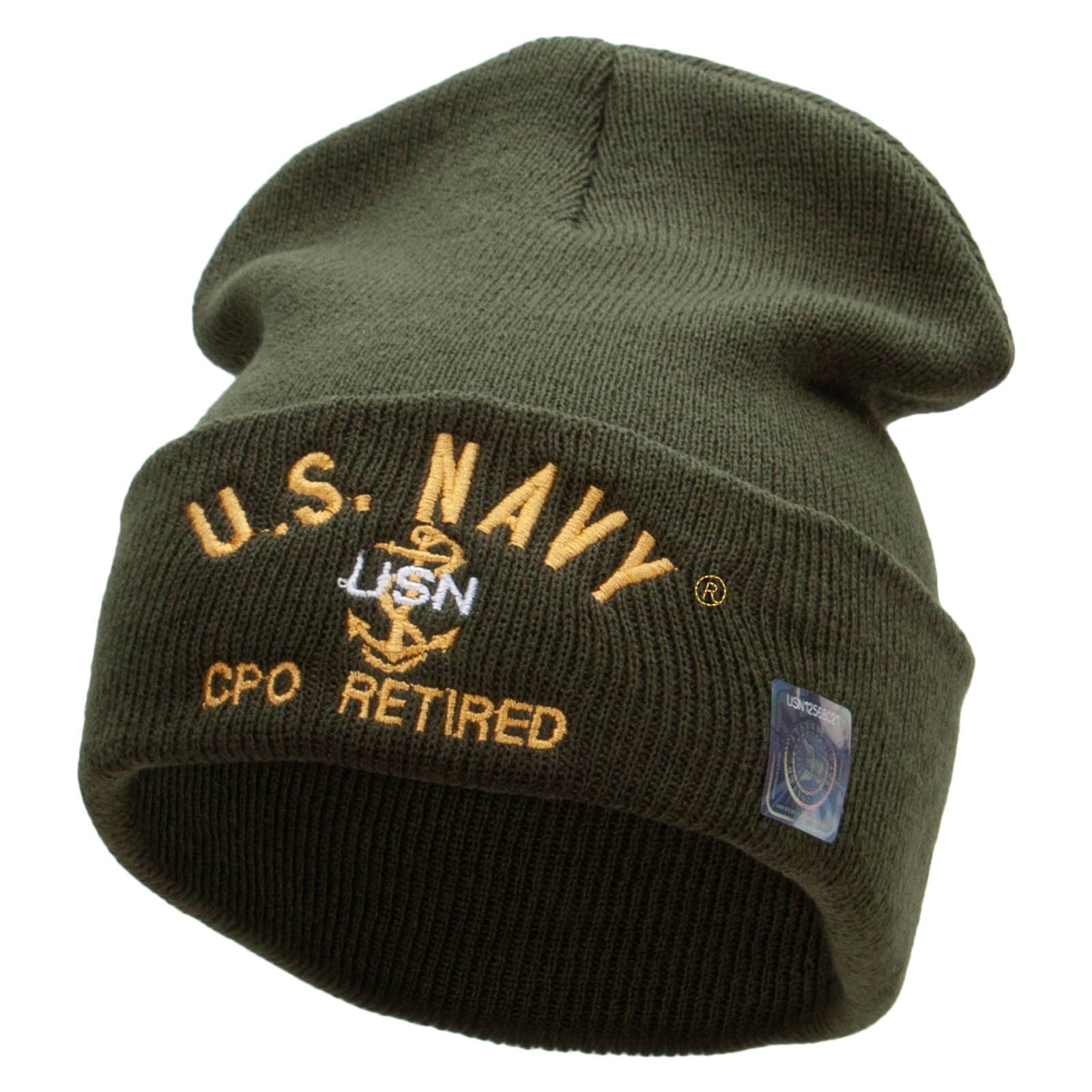 Licensed US Navy CPO Retired Logo Embroidered Long Beanie Made in USA - Olive OSFM