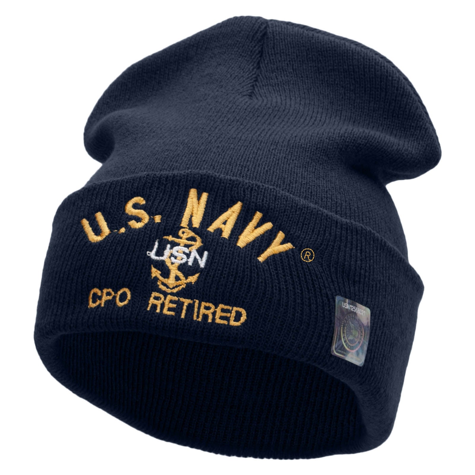 Licensed US Navy CPO Retired Logo Embroidered Long Beanie Made in USA - Navy OSFM