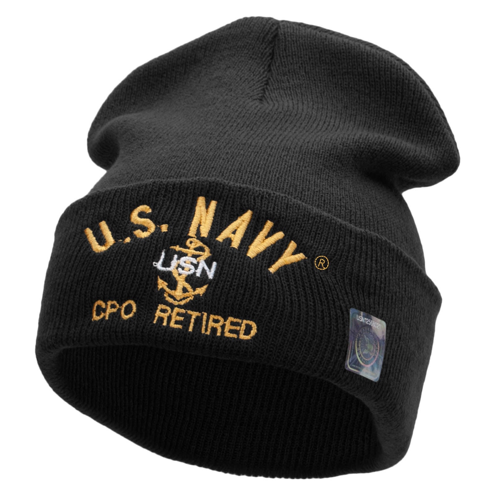 Licensed US Navy CPO Retired Logo Embroidered Long Beanie Made in USA - Black OSFM