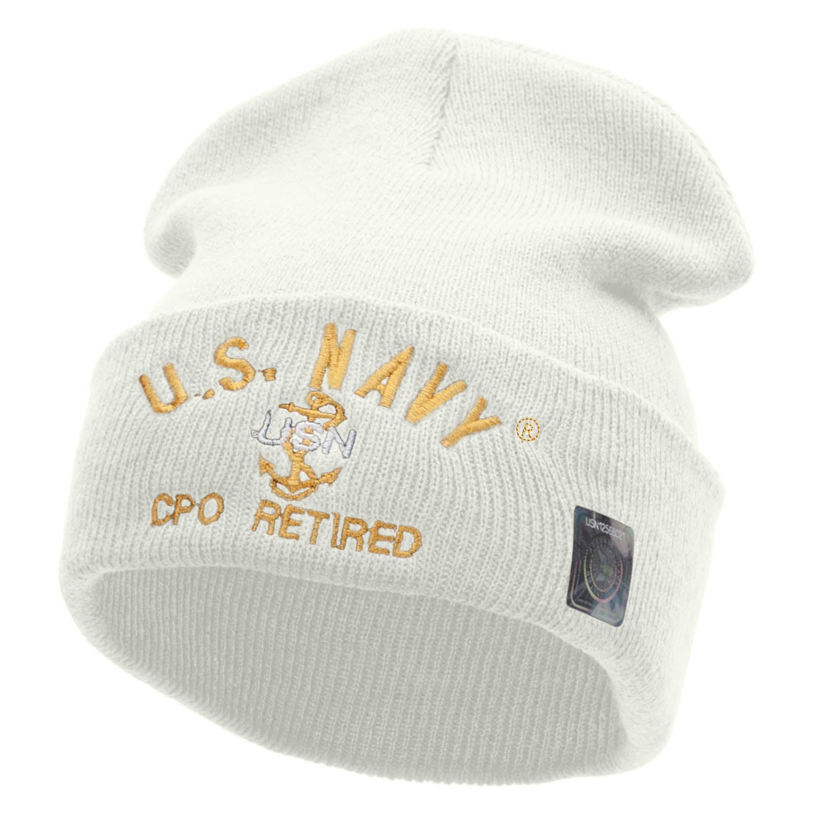 Licensed US Navy CPO Retired Logo Embroidered Long Beanie Made in USA - White OSFM