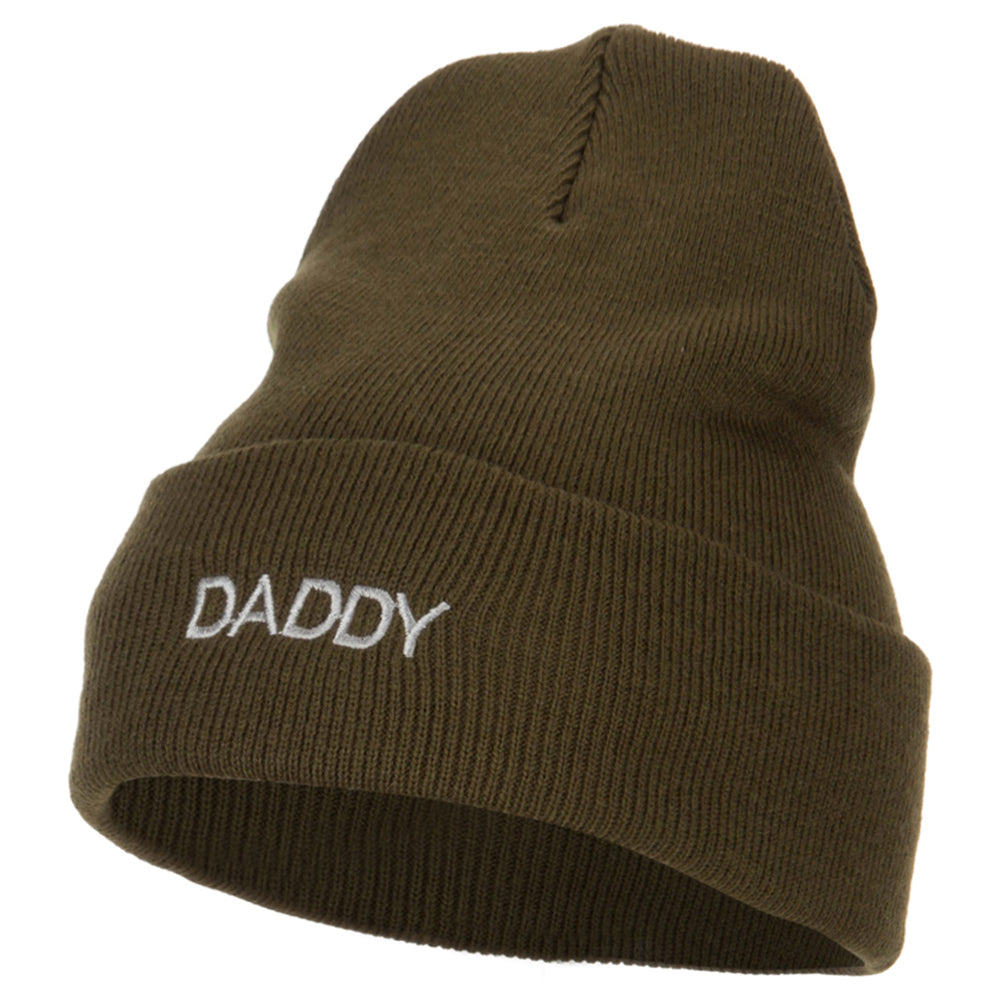 Word of Daddy Embroidered Long Beanie - Olive OSFM