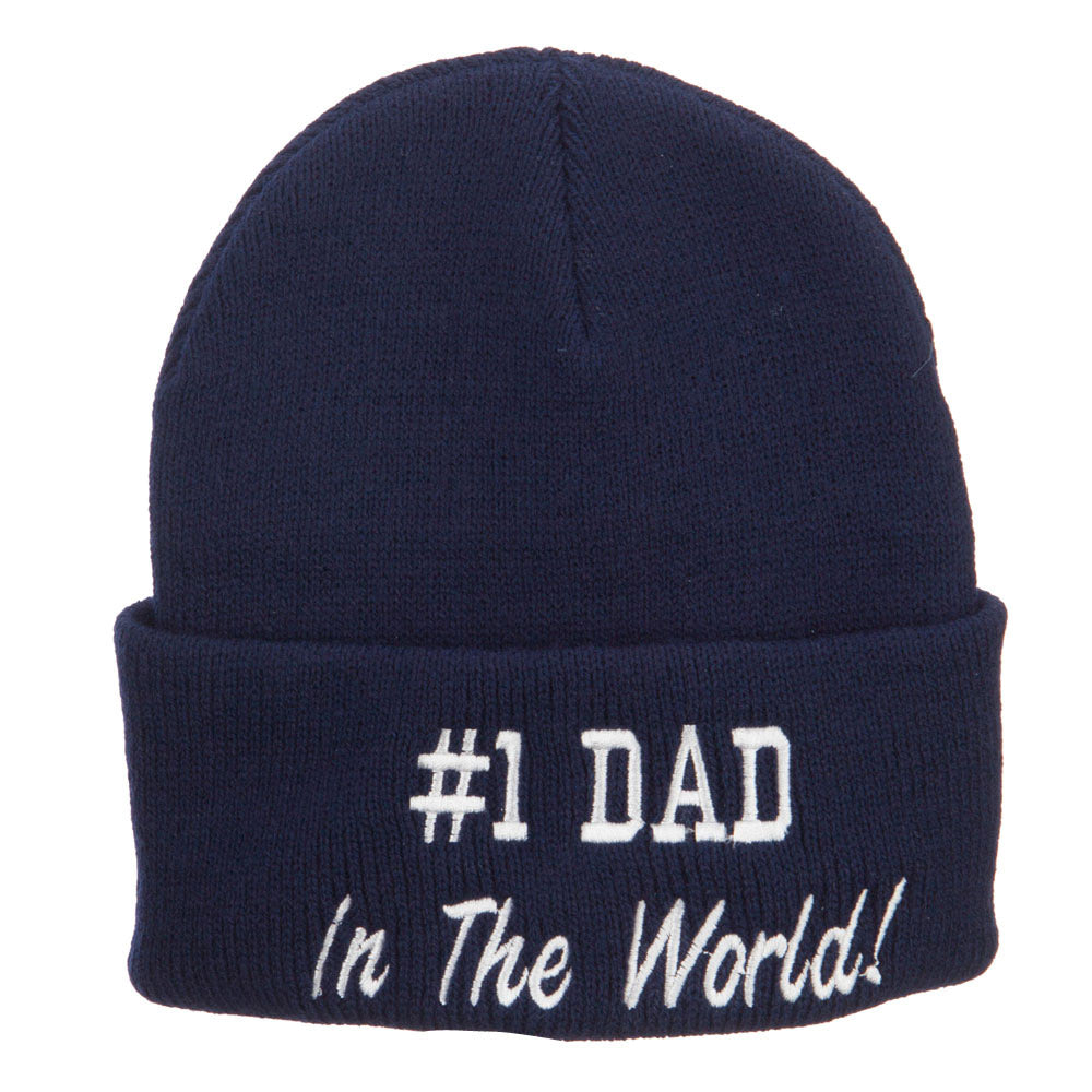 Number 1 Dad In The World Embroidered Long Beanie - Navy OSFM