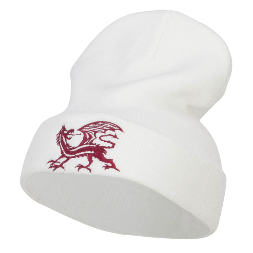 Dragon Emblem Embroidered Long Beanie - White OSFM