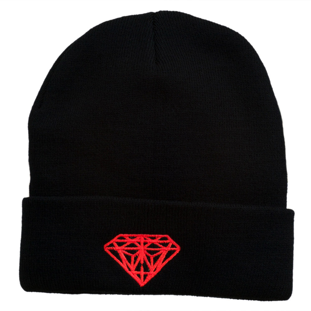 Diamond Embroidered Cuff Long Black Beanie - Neon Orange OSFM