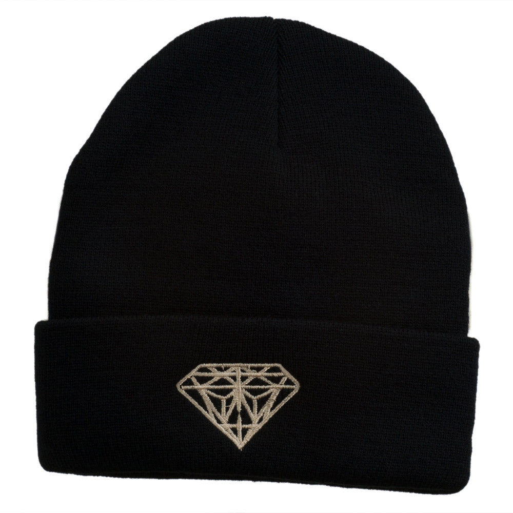 Diamond Embroidered Cuff Long Black Beanie - Tan OSFM