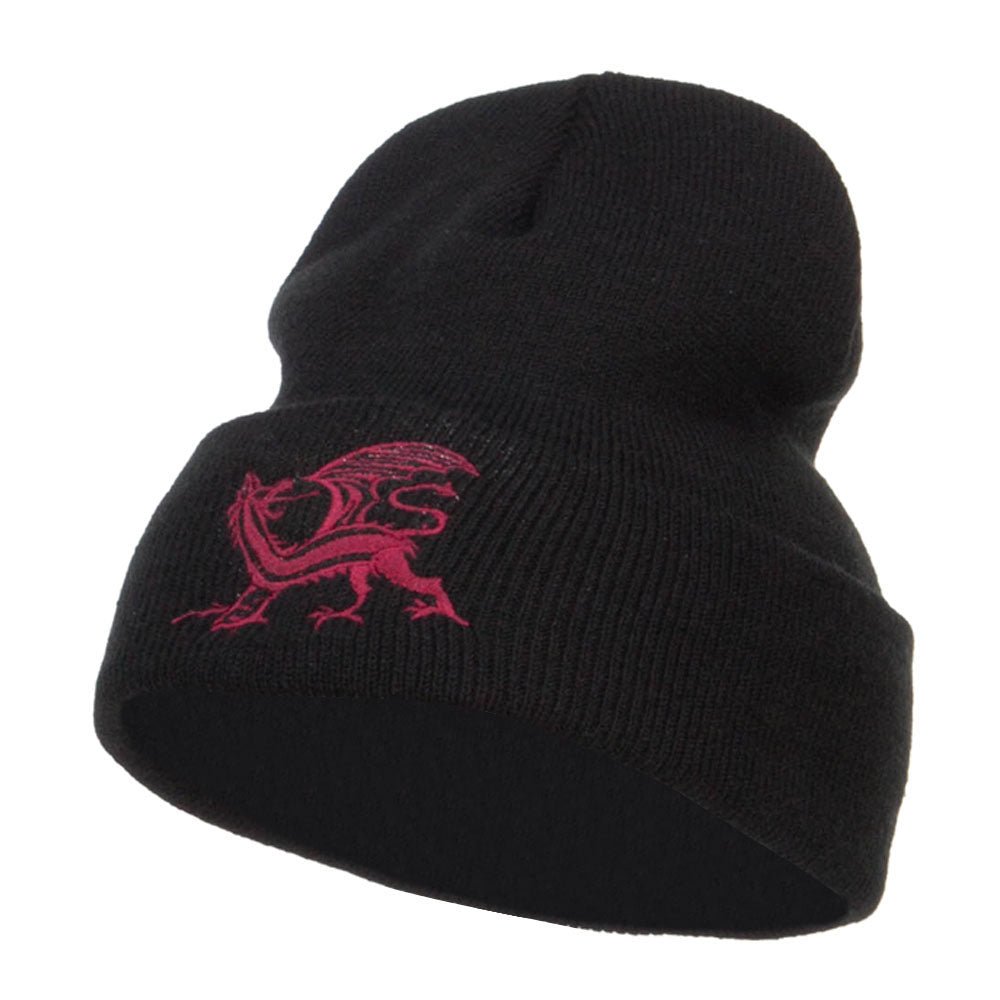 Dragon Emblem Embroidered Long Beanie - Black OSFM