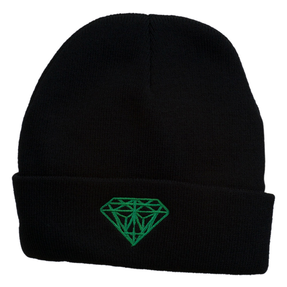 Diamond Embroidered Cuff Long Black Beanie - Kelly Green OSFM