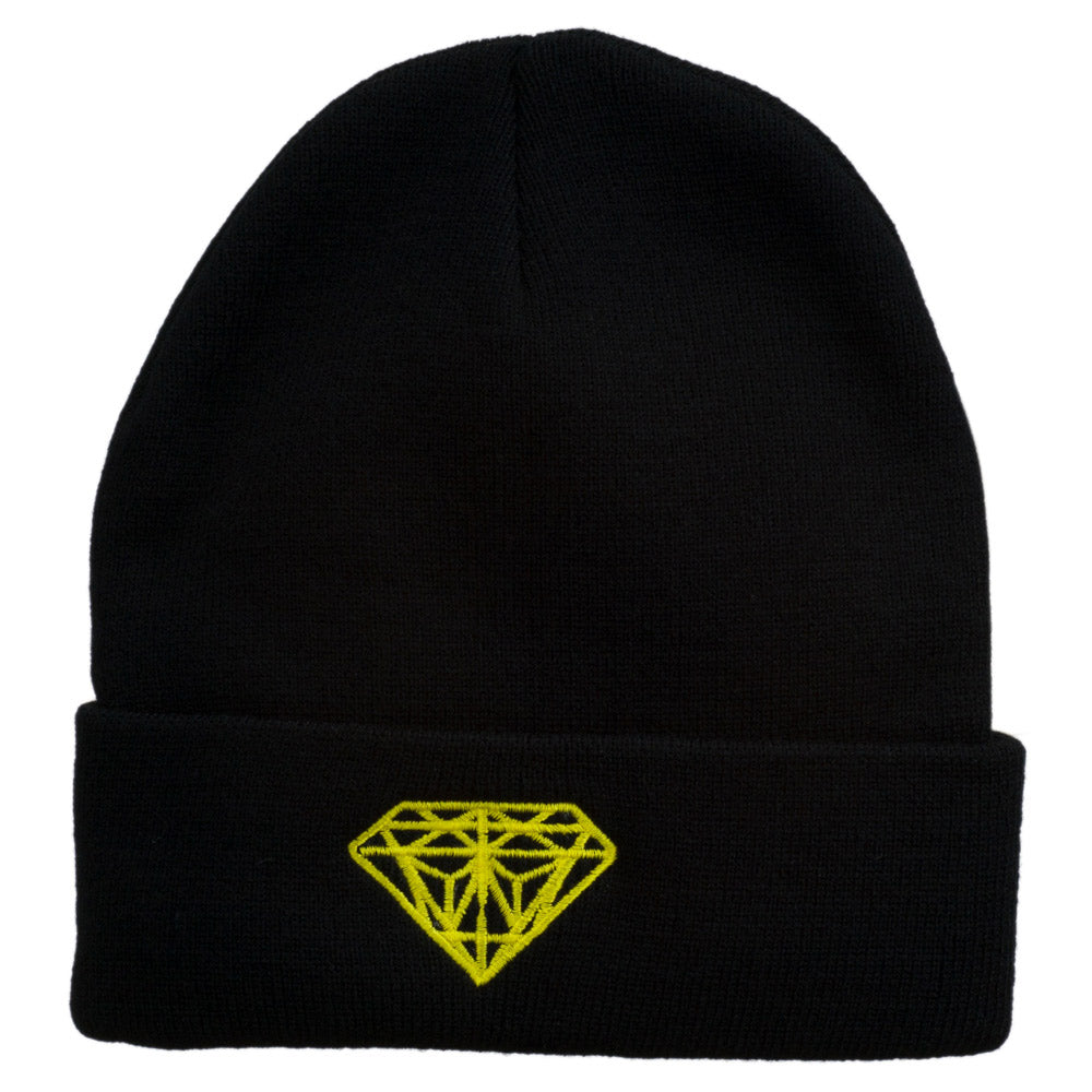 Diamond Embroidered Cuff Long Black Beanie - Neon Yellow OSFM