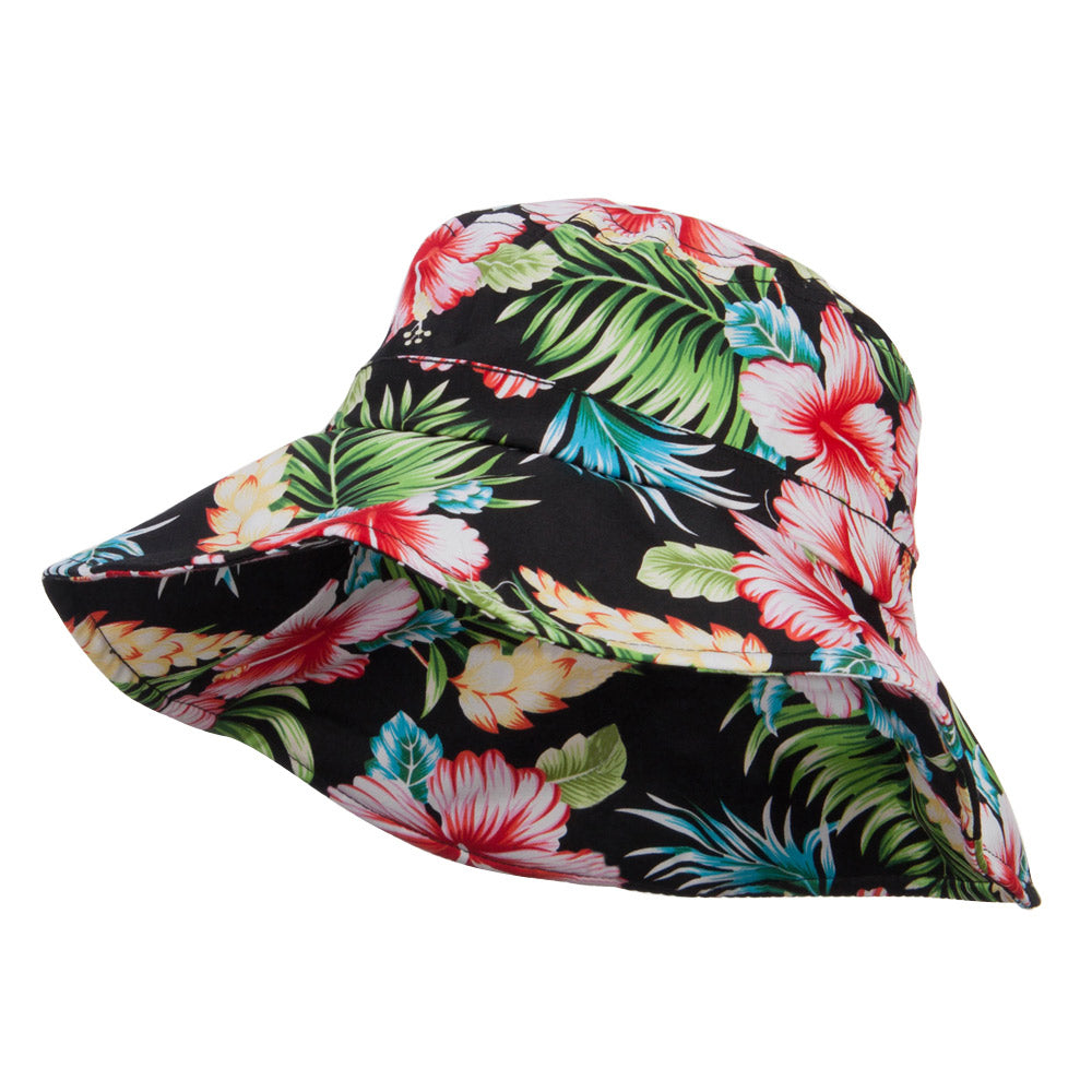 Ladies Wide Brim Floral Hat - Black OSFM