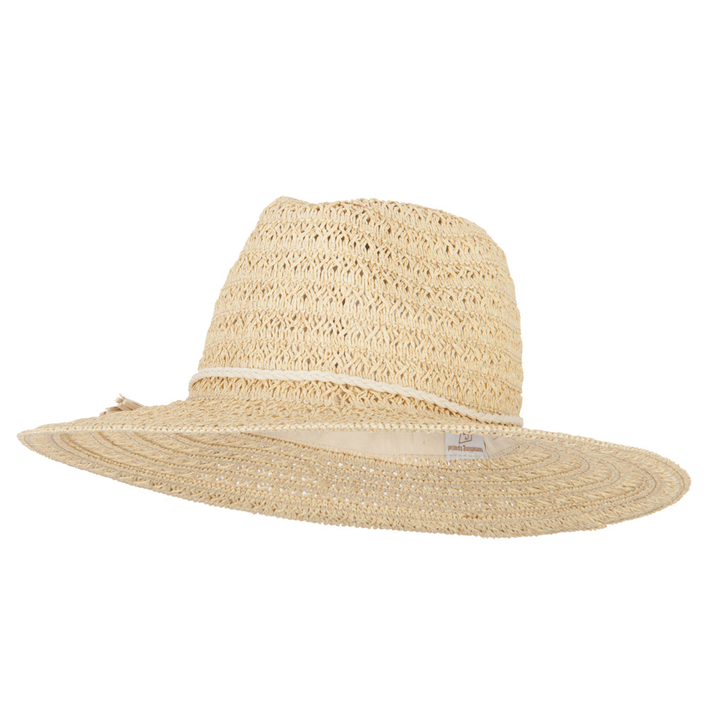 Ladies Straw Fedora Hat with Braid Faux Suede Tie - Natural OSFM