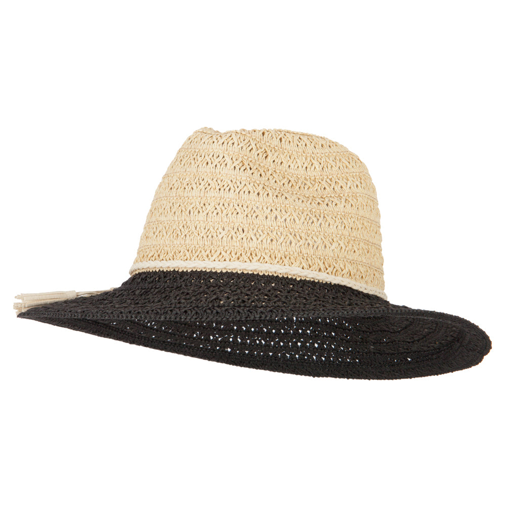 Ladies Straw Fedora Hat with Braid Faux Suede Tie - Natural Black OSFM