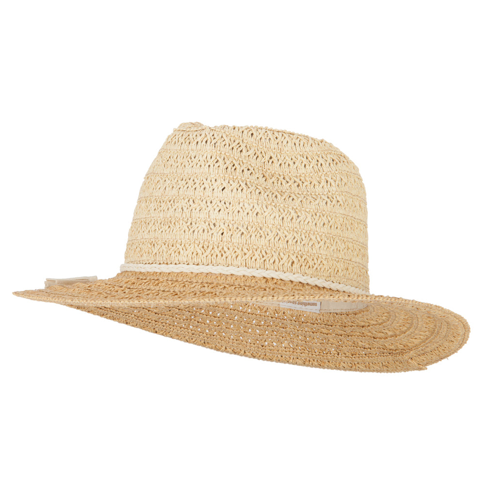 Ladies Straw Fedora Hat with Braid Faux Suede Tie - Natural Tan OSFM