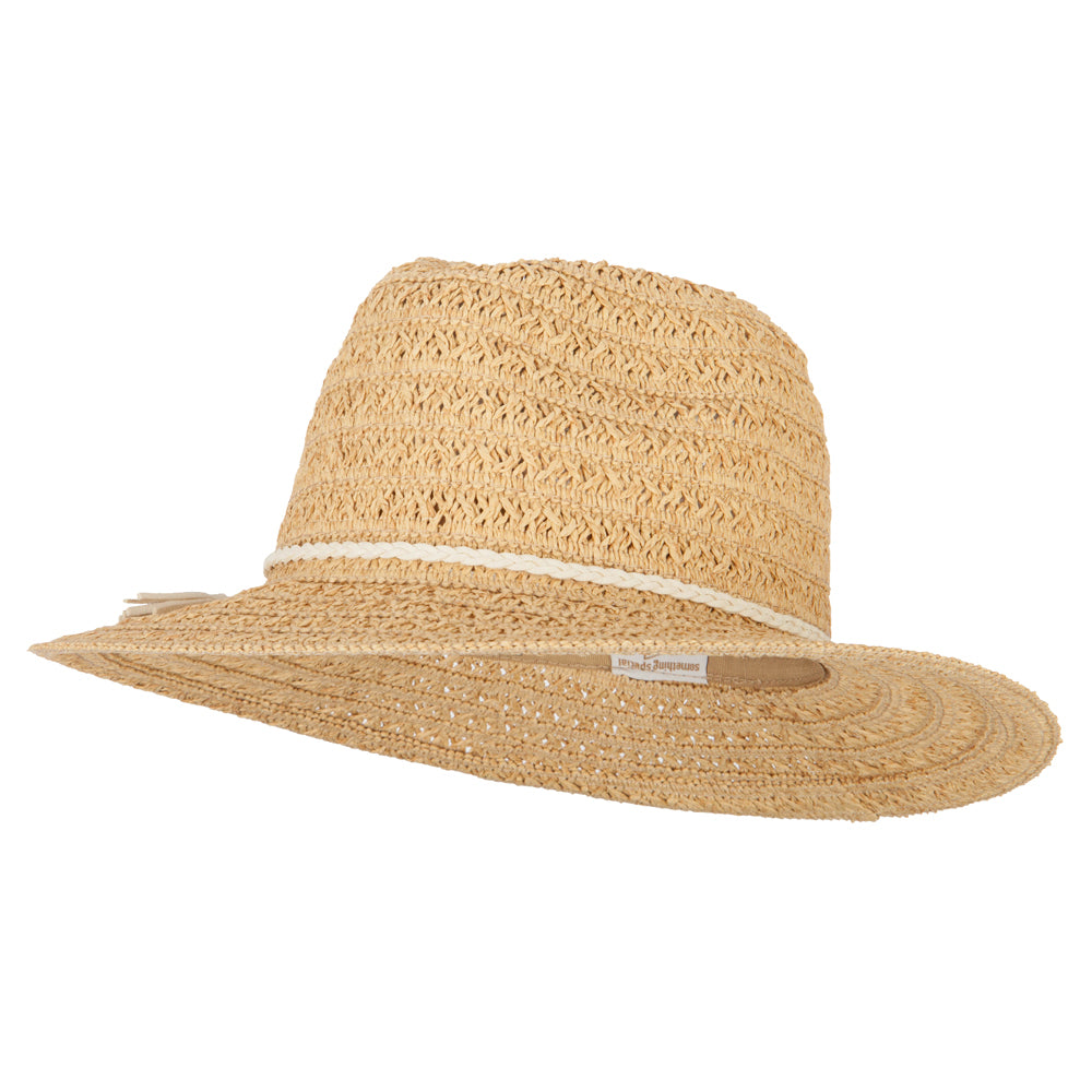 Ladies Straw Fedora Hat with Braid Faux Suede Tie - Tan OSFM