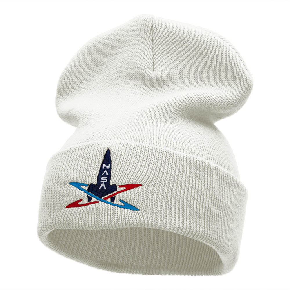 Spaceship Silhouette Embroidered Long Beanie Made in USA - White OSFM