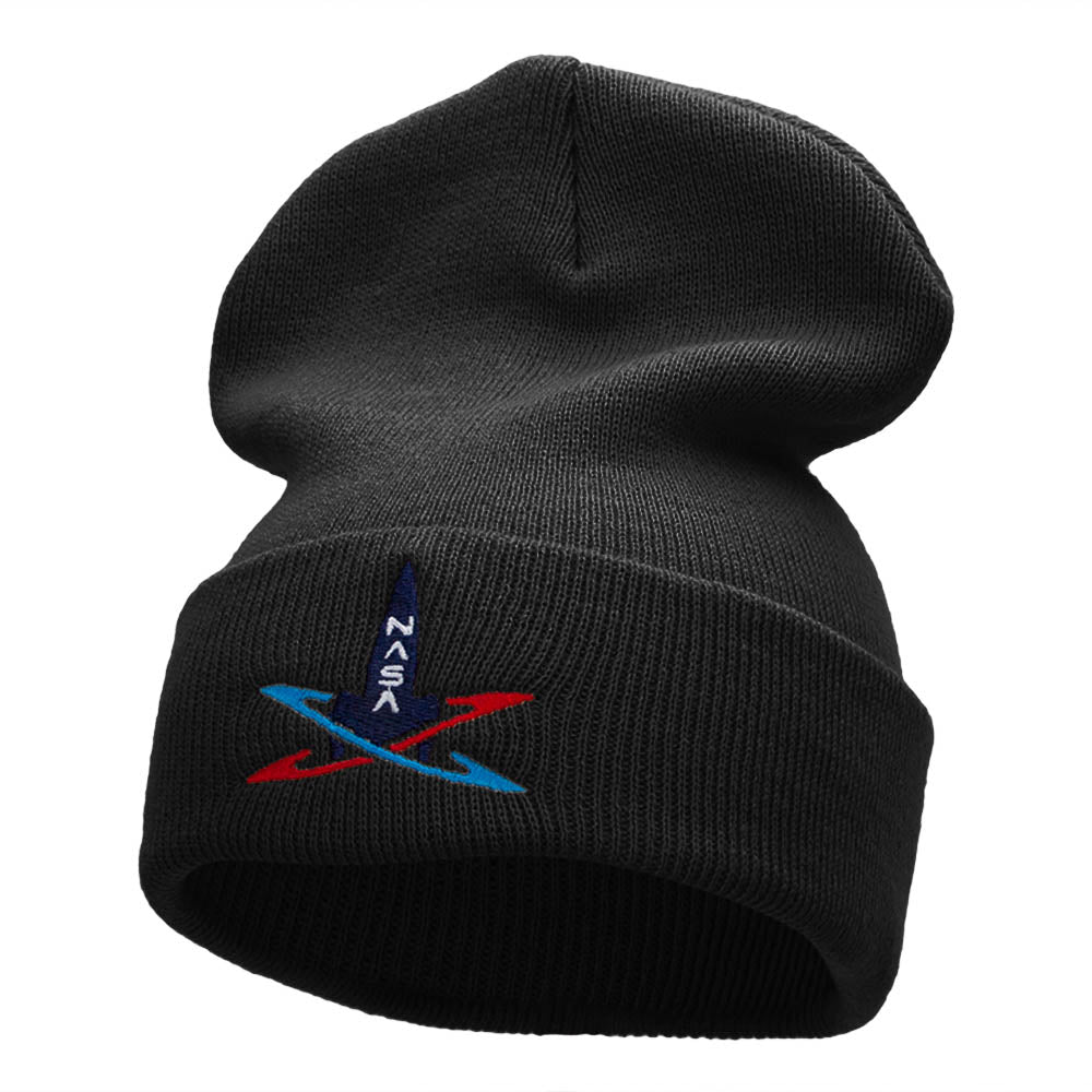 Spaceship Silhouette Embroidered Long Beanie Made in USA - Black OSFM