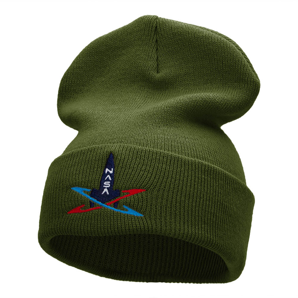 Spaceship Silhouette Embroidered Long Beanie Made in USA - Olive OSFM
