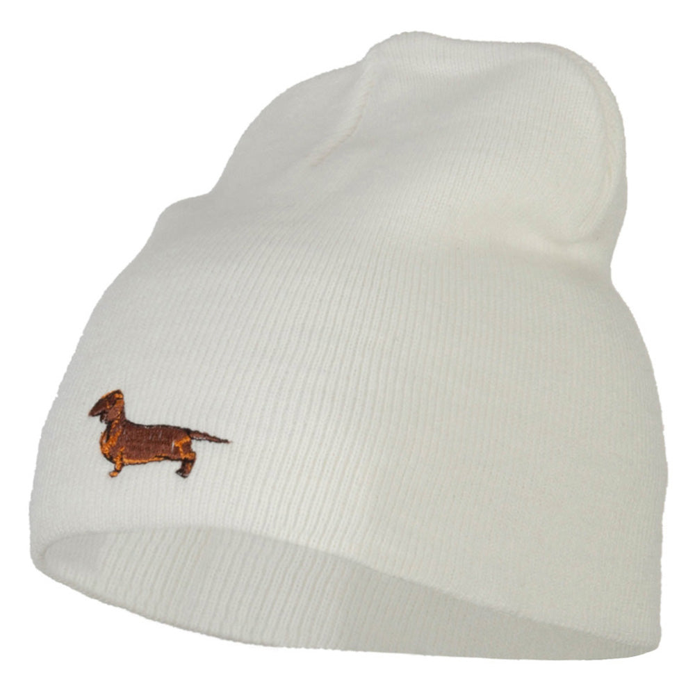 Dachshund Dog Embroidered Knitted Short Beanie - White OSFM