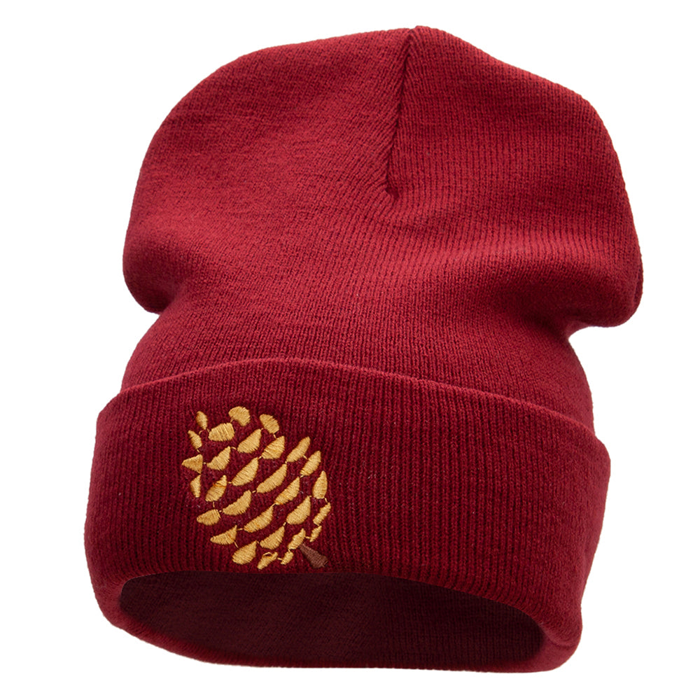 Pine Cone Embroidered 12 Inch Long Knitted Beanie - Maroon OSFM