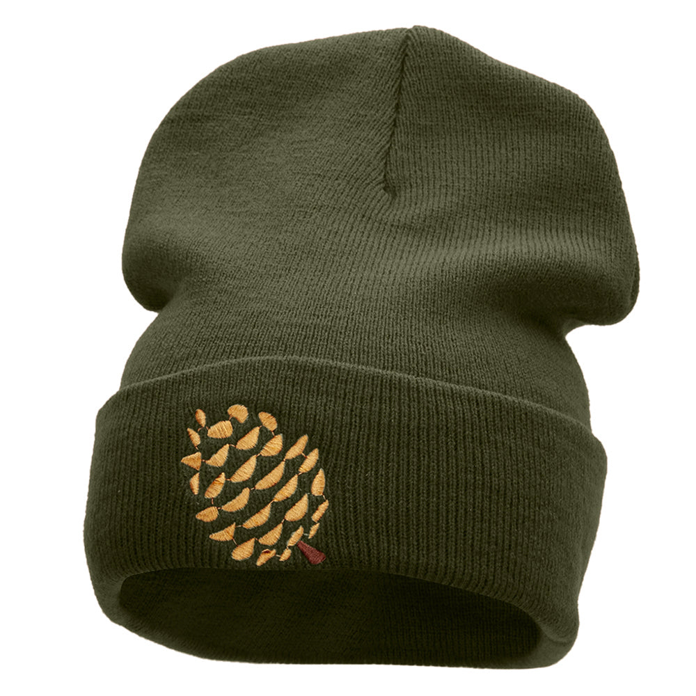 Pine Cone Embroidered 12 Inch Long Knitted Beanie - Olive OSFM