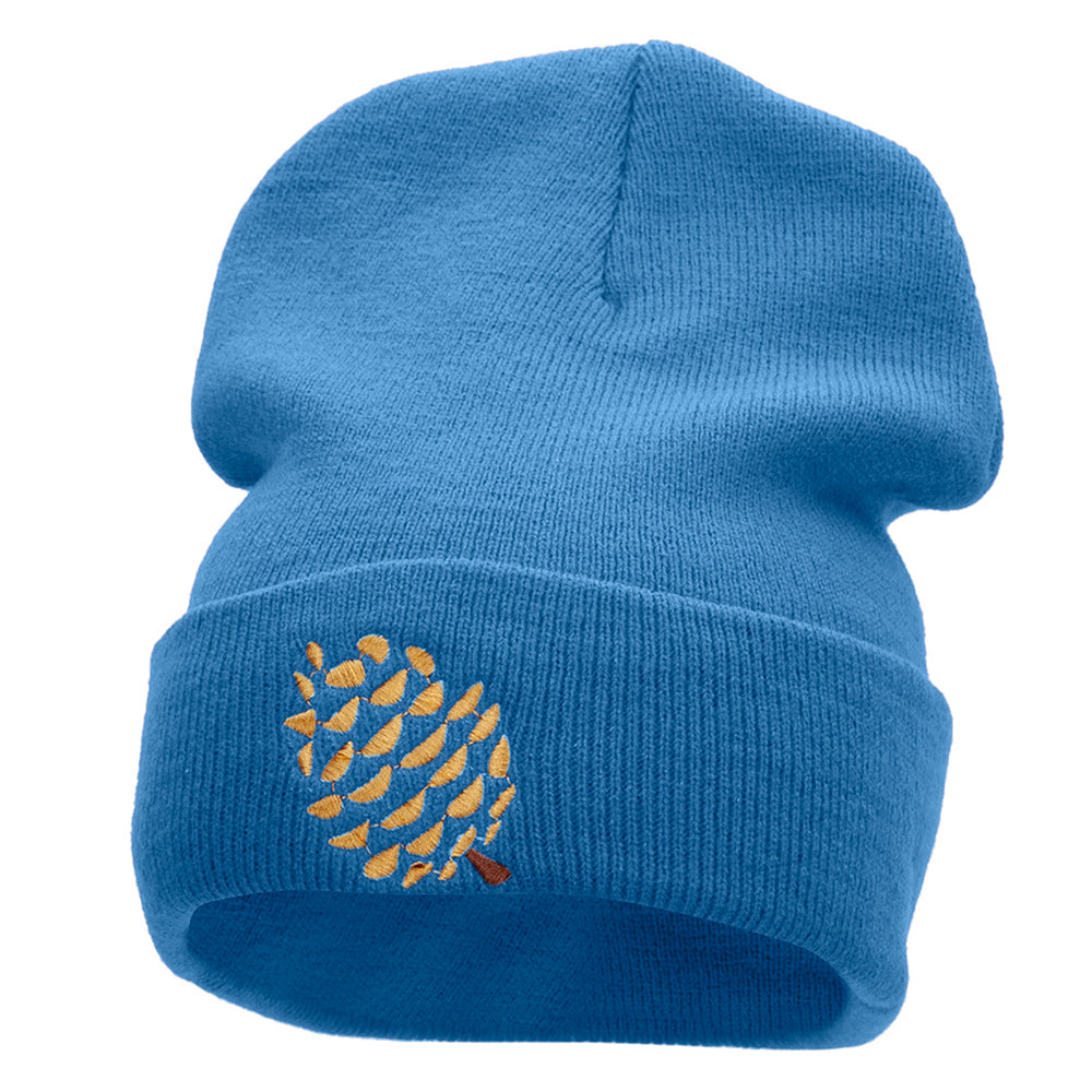 Pine Cone Embroidered 12 Inch Long Knitted Beanie - Sky Blue OSFM