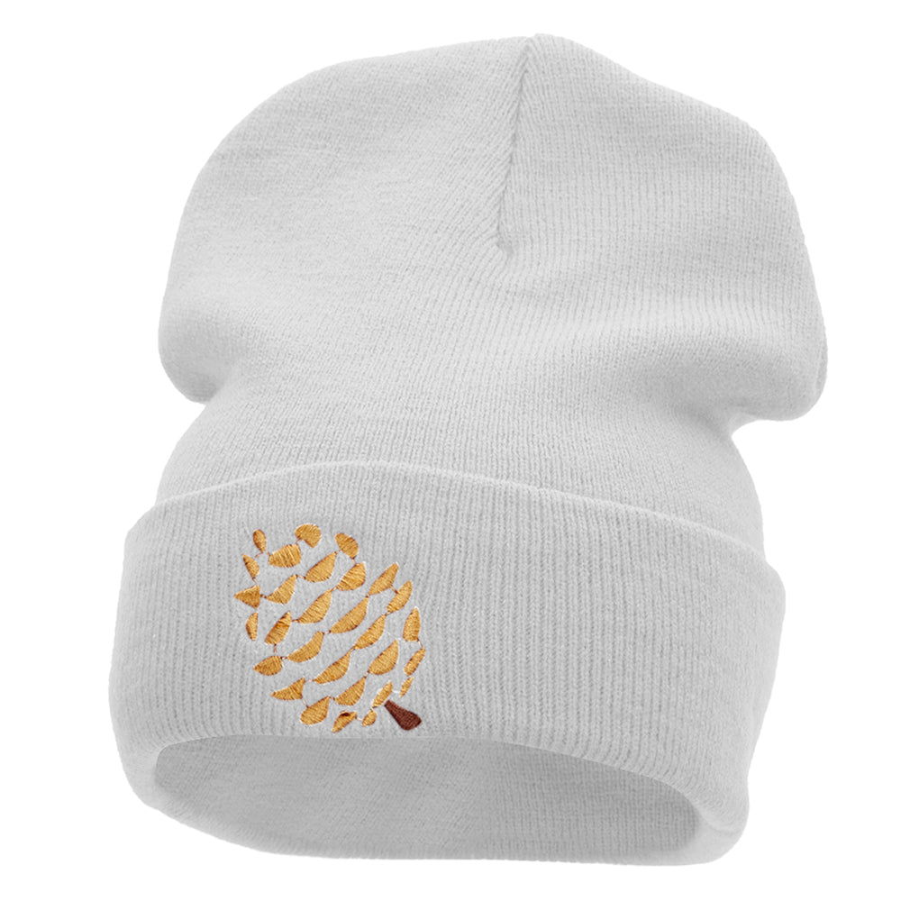 Pine Cone Embroidered 12 Inch Long Knitted Beanie - White OSFM
