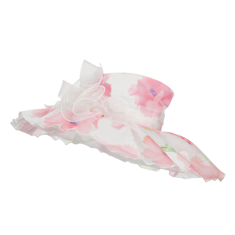 Floral Printed Double Brim Organza Hat - Peach OSFM