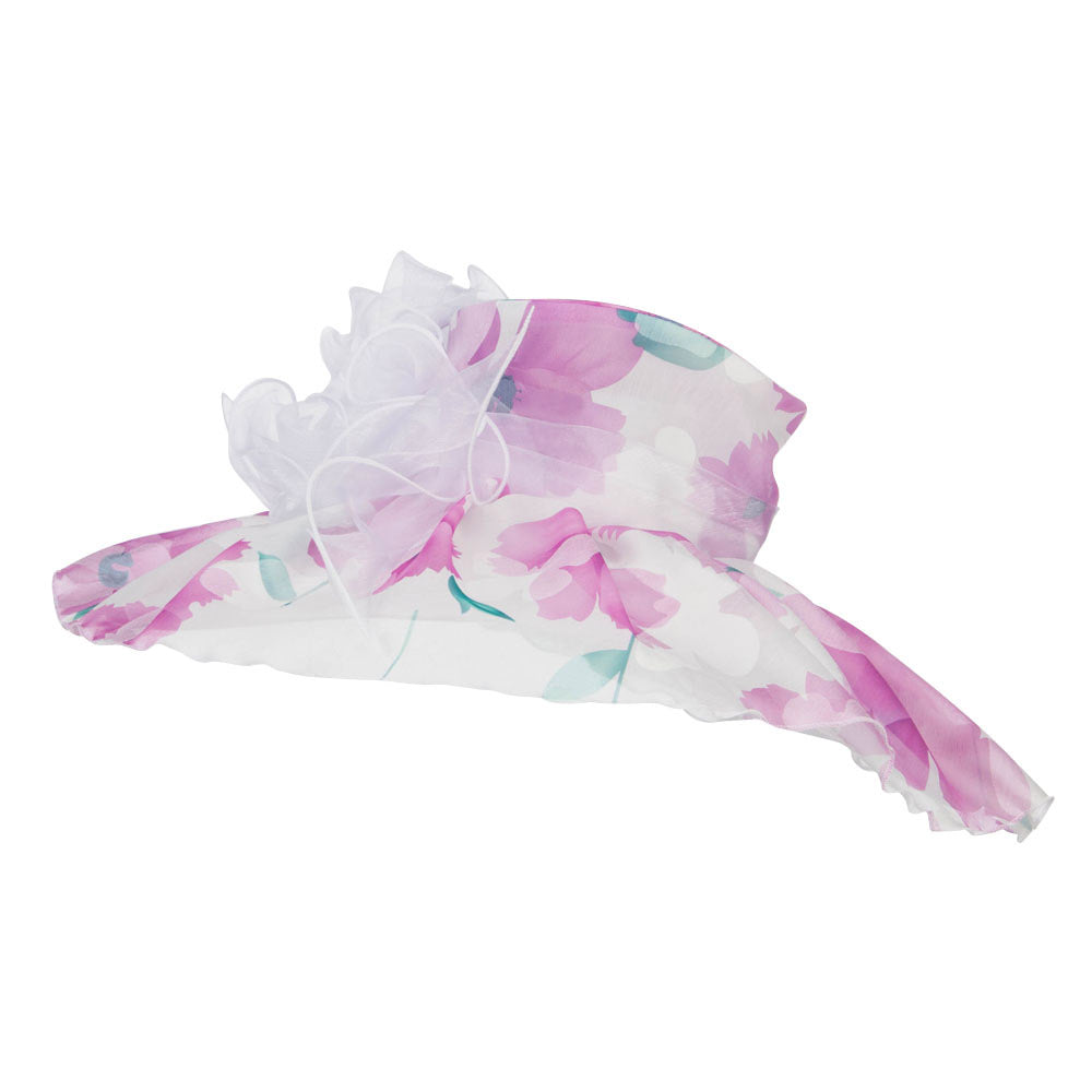 Floral Printed Double Brim Organza Hat - Fuchsia OSFM