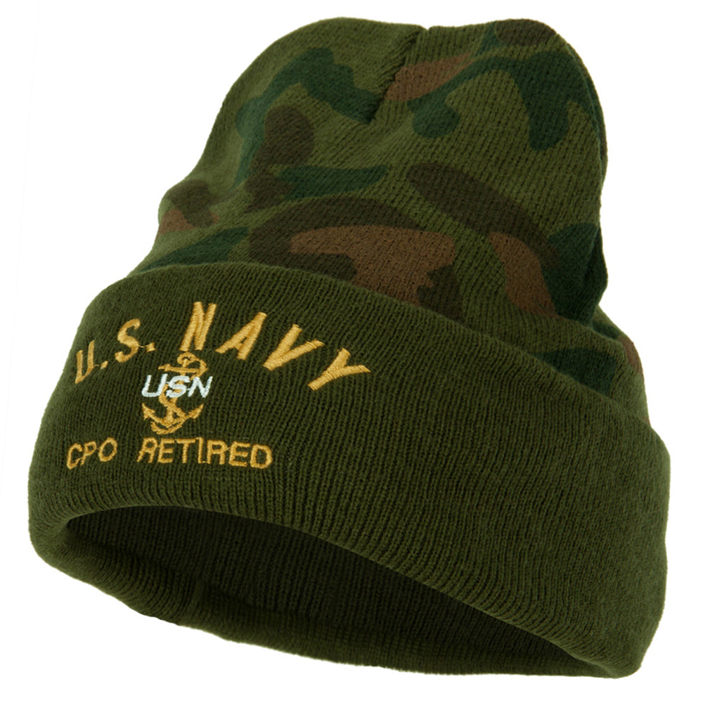 US Navy CPO Retired Military Embroidered Camo Long Beanie - Green OSFM