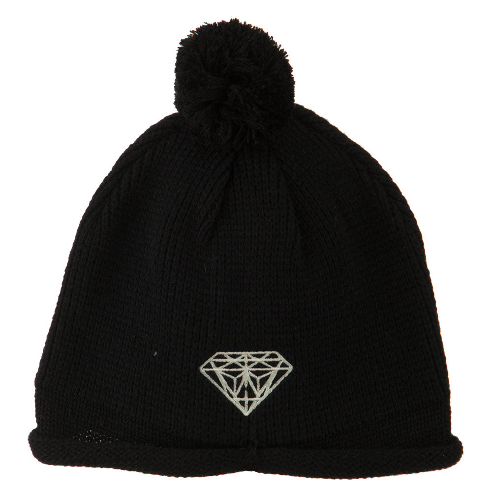 Diamond Embroidered Pom knitting Hat - Black OSFM