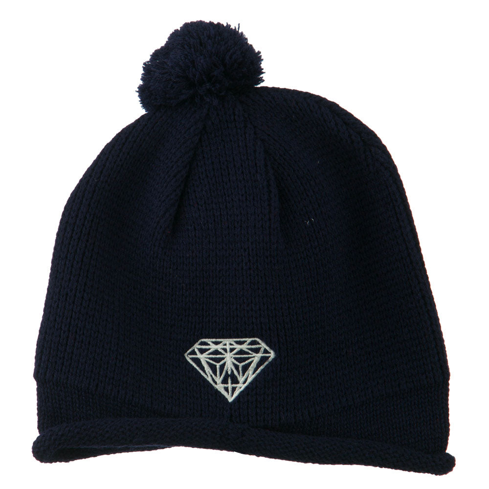 Diamond Embroidered Pom knitting Hat - Navy OSFM