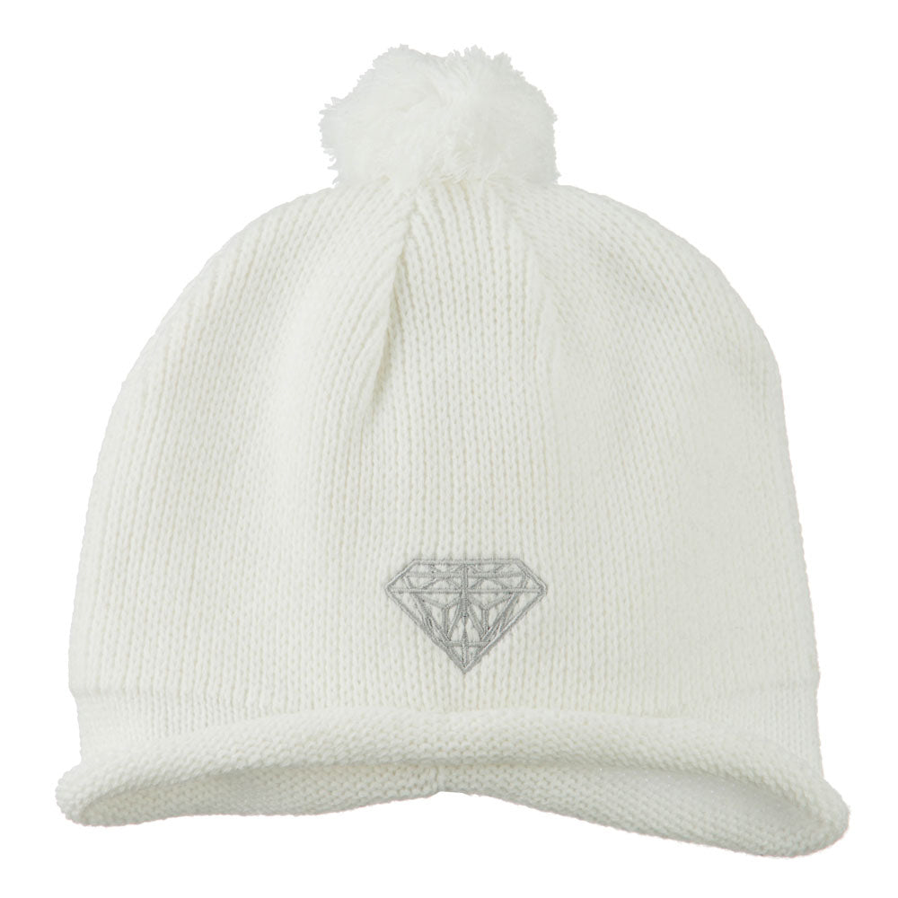 Diamond Embroidered Pom knitting Hat - White OSFM