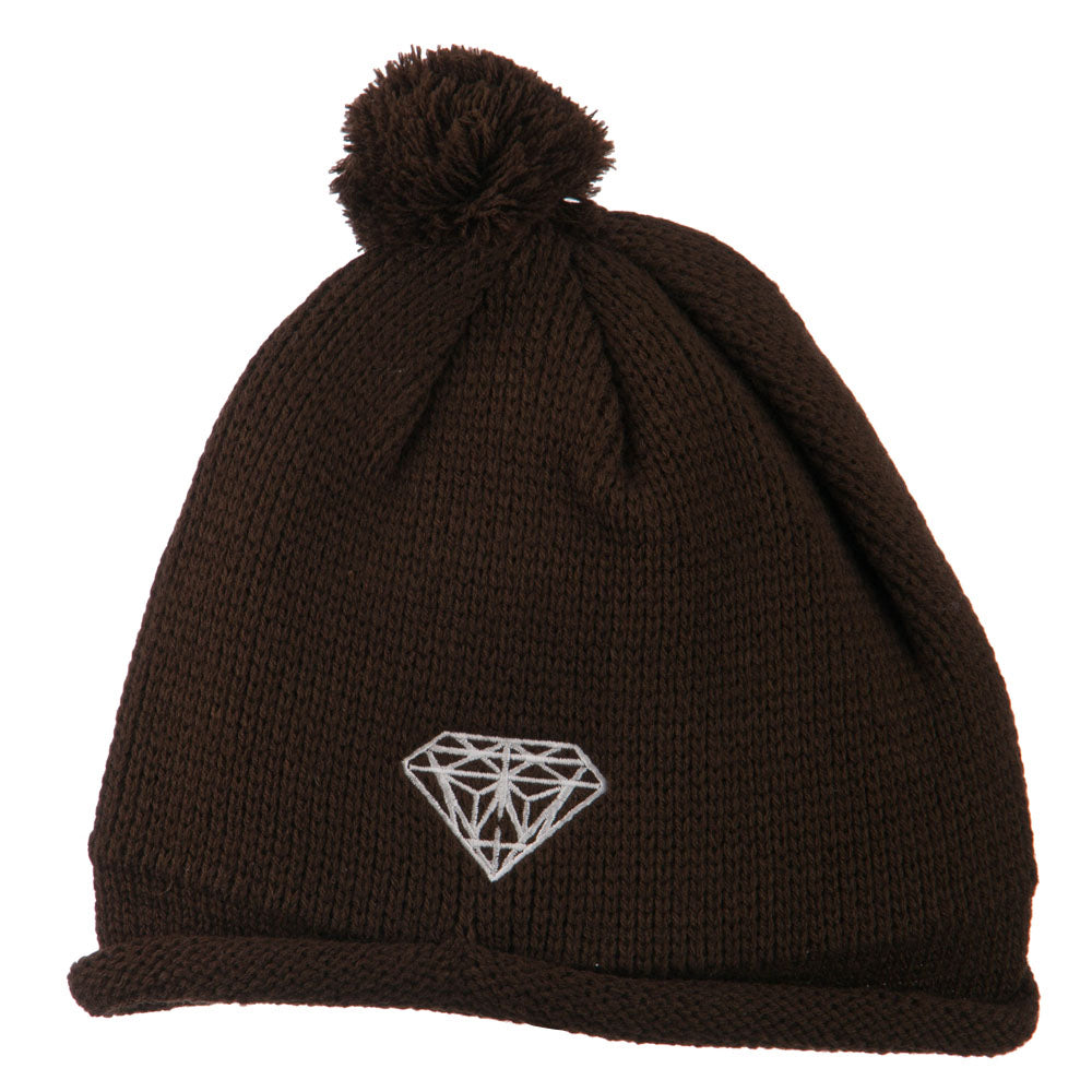 Diamond Embroidered Pom knitting Hat - Brown OSFM