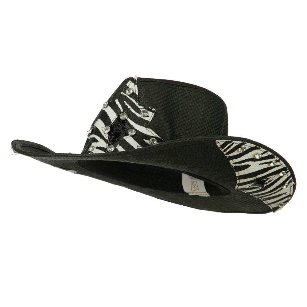 Star Detail Paper Straw Cowboy Hat - Black S-M