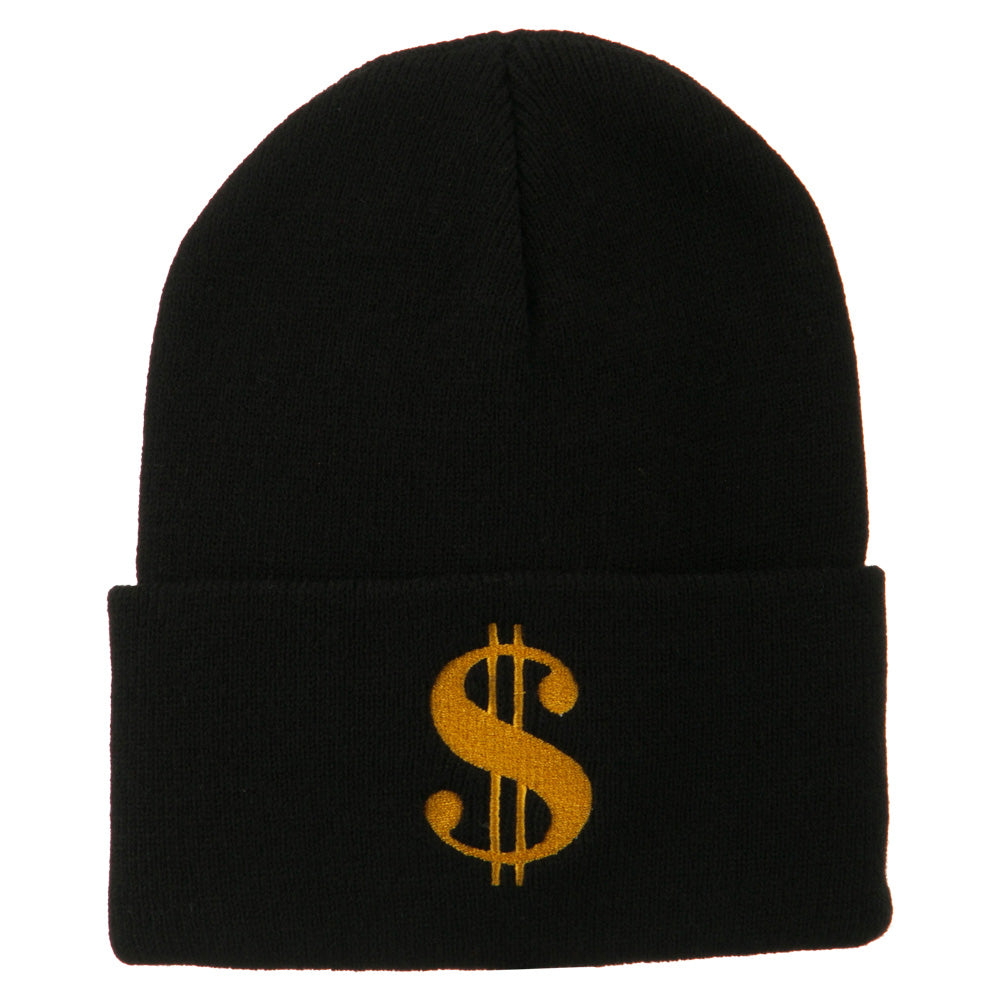 Dollar Sign Embroidered Long Knitted Beanie - Black OSFM