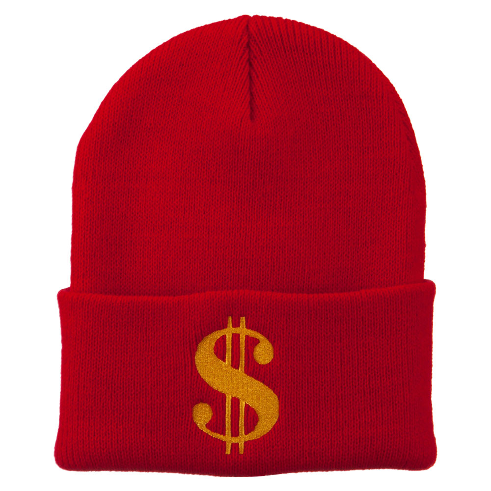 Dollar Sign Embroidered Long Knitted Beanie - Red OSFM