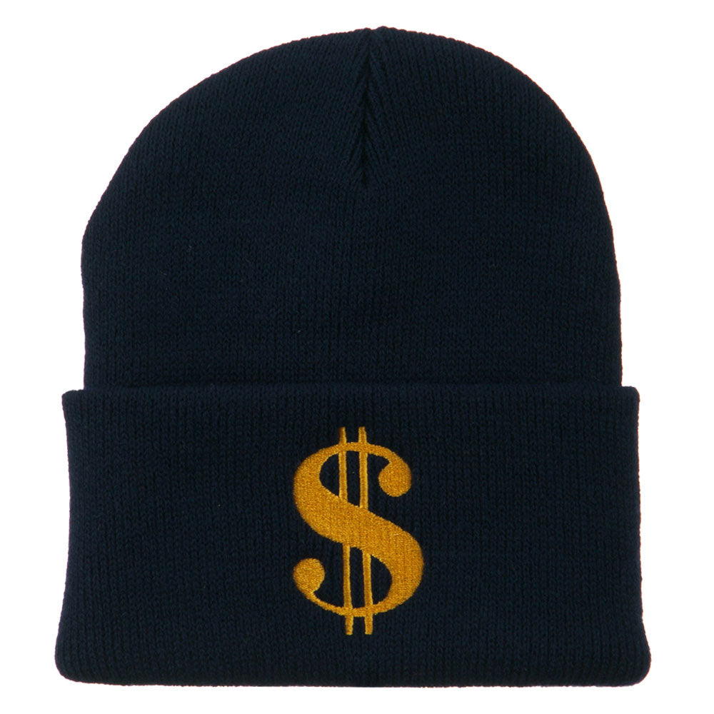 Dollar Sign Embroidered Long Knitted Beanie - Navy OSFM
