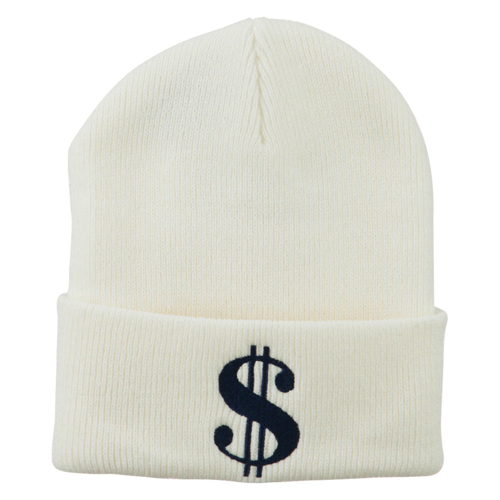 Dollar Sign Embroidered Long Knitted Beanie - White OSFM