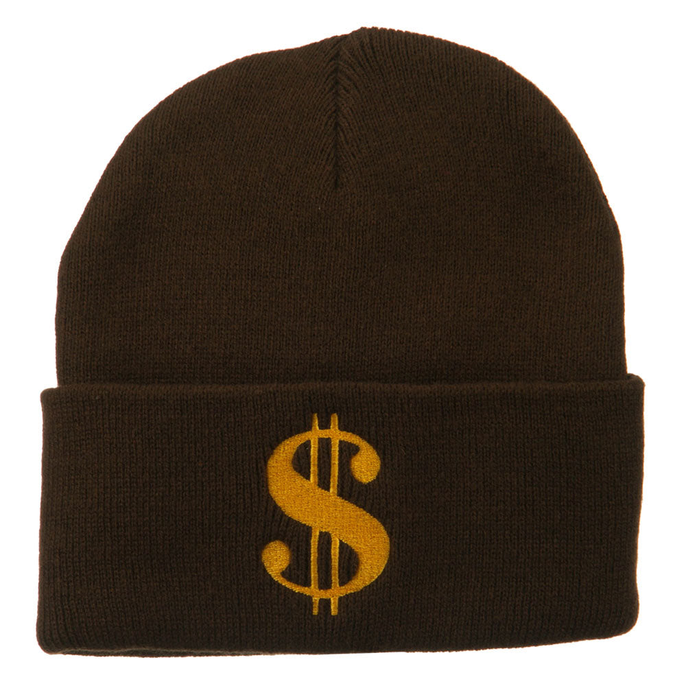 Dollar Sign Embroidered Long Knitted Beanie - Brown OSFM