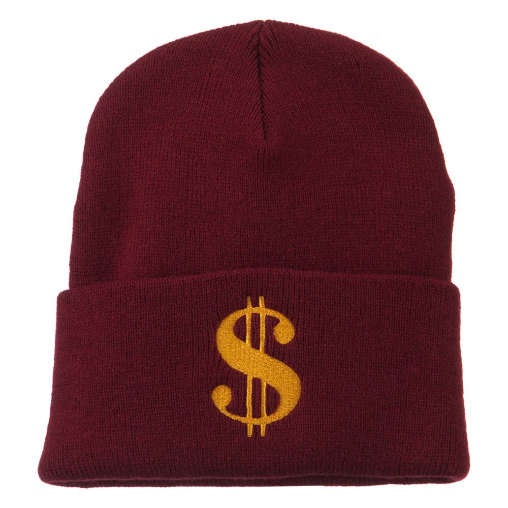 Dollar Sign Embroidered Long Knitted Beanie - Burgundy OSFM