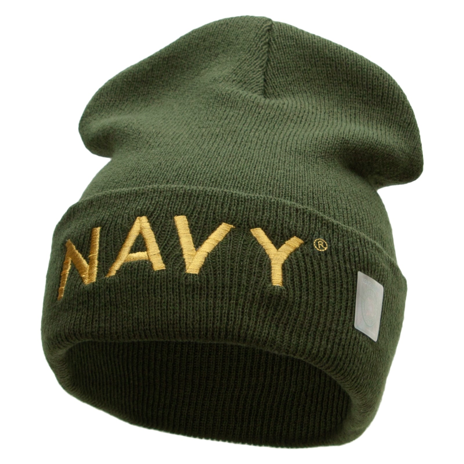 Licensed Navy Word Embroidered Long Beanie Made in USA - Olive OSFM